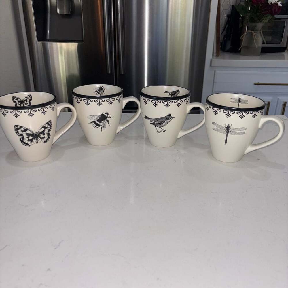 World Market Nature Sketch Coffee Mug Set Butterfly Bee Bird Dragonfly 4-Piece